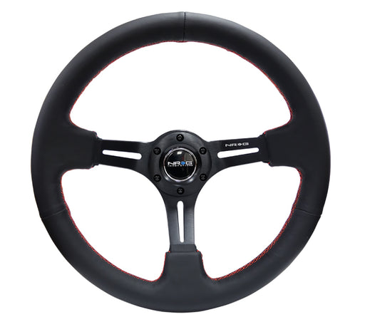 NRG Reinforced Steering Wheel (350mm / 3in. Deep) Black Leather/Red Stitch & Blk 3-Spoke w/Slits NRG Steering Wheels