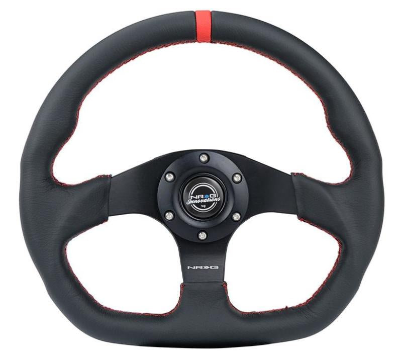 NRG Reinforced Steering Wheel (320mm) Sport Leather Flat Bottom w/ Red Center Mark/ Red Stitching NRG Steering Wheels