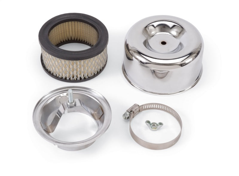 Edelbrock Air Cleaner 94 Series Round Steel Top 4 65In Dia X 3 125In 2 63In ID Raised Base Chrome Edelbrock Air Filters - Universal Fit
