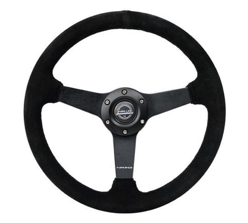 NRG Sport Steering Wheel (350mm / 1.5in Deep) Black Suede/Black Stitch w/Matte Black Solid Spokes NRG Steering Wheels