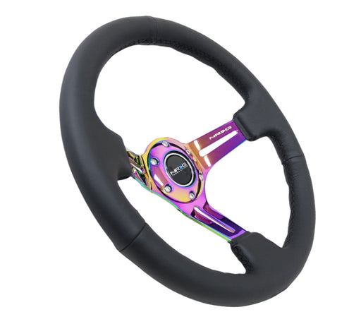 NRG Reinforced Steering Wheel (350mm / 3in. Deep) Blk Leather/Blk Stitch w/Neochrome Slits NRG Steering Wheels