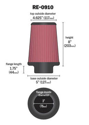 K&N Universal Rubber Filter 3inch FLG / 5inch OD-B / 4-5/8inch OD-T / 8inch H K&N Engineering Air Filters - Universal Fit