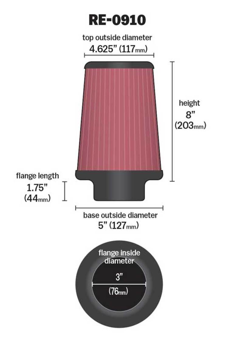 K&N Universal Rubber Filter 3inch FLG / 5inch OD-B / 4-5/8inch OD-T / 8inch H K&N Engineering Air Filters - Universal Fit
