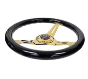 NRG Classic Wood Grain Steering Wheel (350mm) Black Grip w/Chrome Gold 3-Spoke Center NRG Steering Wheels