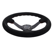 NRG Reinforced Steering Wheel (350mm / 3in. Deep) Blk Suede/Red BBall Stitch w/5mm Matte Blk Spokes NRG Steering Wheels
