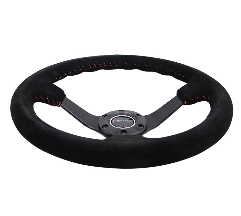 NRG Reinforced Steering Wheel (350mm / 3in. Deep) Blk Suede/Red BBall Stitch w/5mm Matte Blk Spokes NRG Steering Wheels
