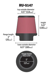 K&N Filter Universal Rubber Filter 5in Flange 6.5in Base 4.5in Top 5.5in Height K&N Engineering Air Filters - Universal Fit