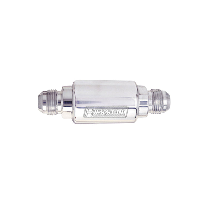 3-1/4" Length, 8AN Male Inlet/Outlet Fuel Filter With Polished Finish RUSSELL Autoparts