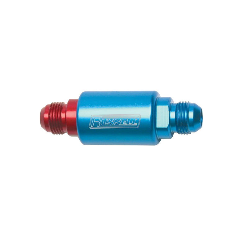 3-1/4" Length, 8AN Male In/Out Fuel Filter With Red/Blue Finish RUSSELL Autoparts