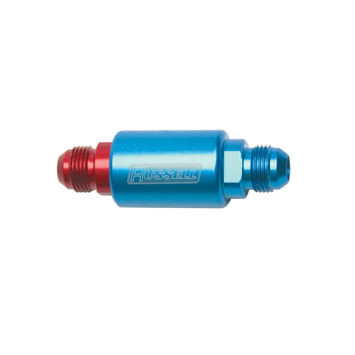 3-1/4" Length, 8AN Male In/Out Fuel Filter With Red/Blue Finish RUSSELL Autoparts