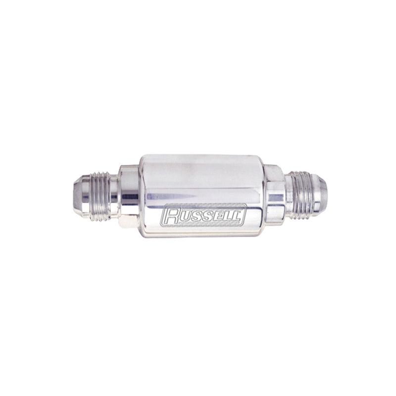 3-1/4" Length, 8AN X 3/8" Male NPT In/Out Fuel Filter With Polished Finish RUSSELL Autoparts
