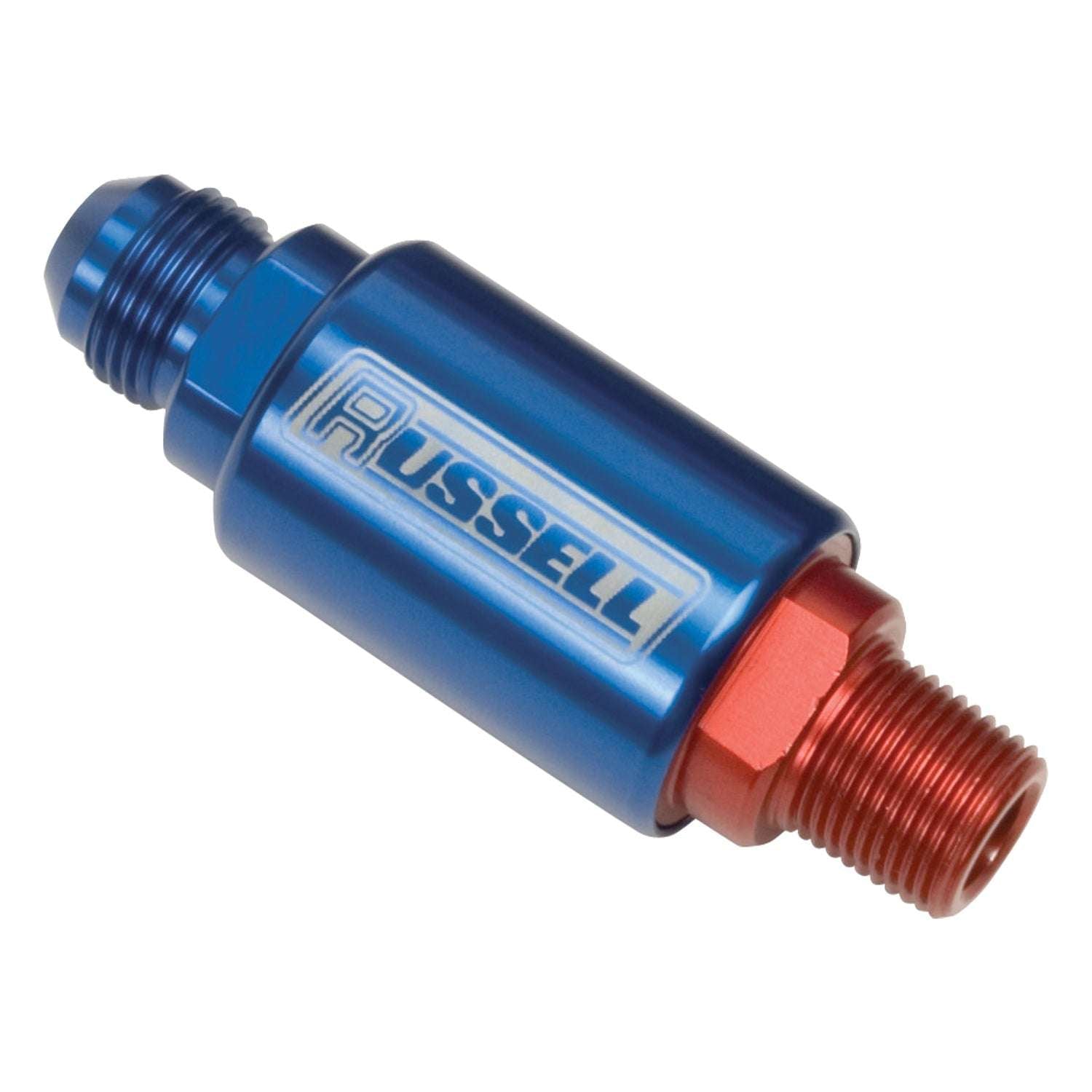 3-1/4" Length, 8AN X 3/8" Male NPT In/Out Fuel Filter With Red/Blue Finish
