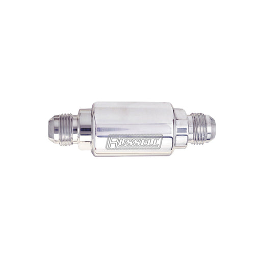 3" Length, 6AN X 3/8" Male NPT In/Out Fuel Filter With Polished Finish RUSSELL Autoparts