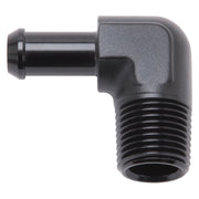 Edelbrock Hose End 90-Deg 1/2In NPT to 3/8In Barb Black Anodize Edelbrock Fittings