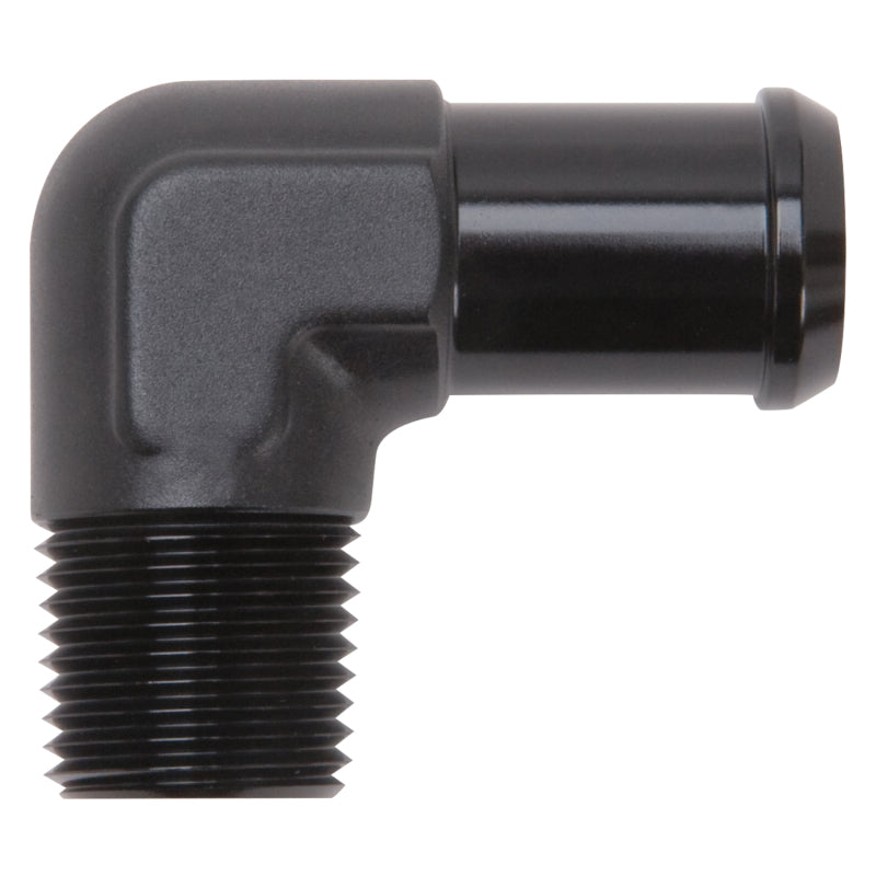 Edelbrock Hose End 90-Deg 1/2In NPT to 3/4In Barb Black Anodize Edelbrock Fittings