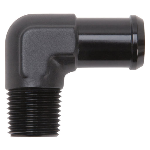 Edelbrock Hose End 90-Deg 1/2In NPT to 3/4In Barb Black Anodize Edelbrock Fittings
