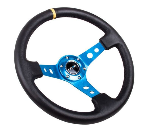 NRG Reinforced Steering Wheel (350mm / 3in. Deep) Blk Leather w/Blue Cutout Spoke & Single Yellow CM NRG Steering Wheels