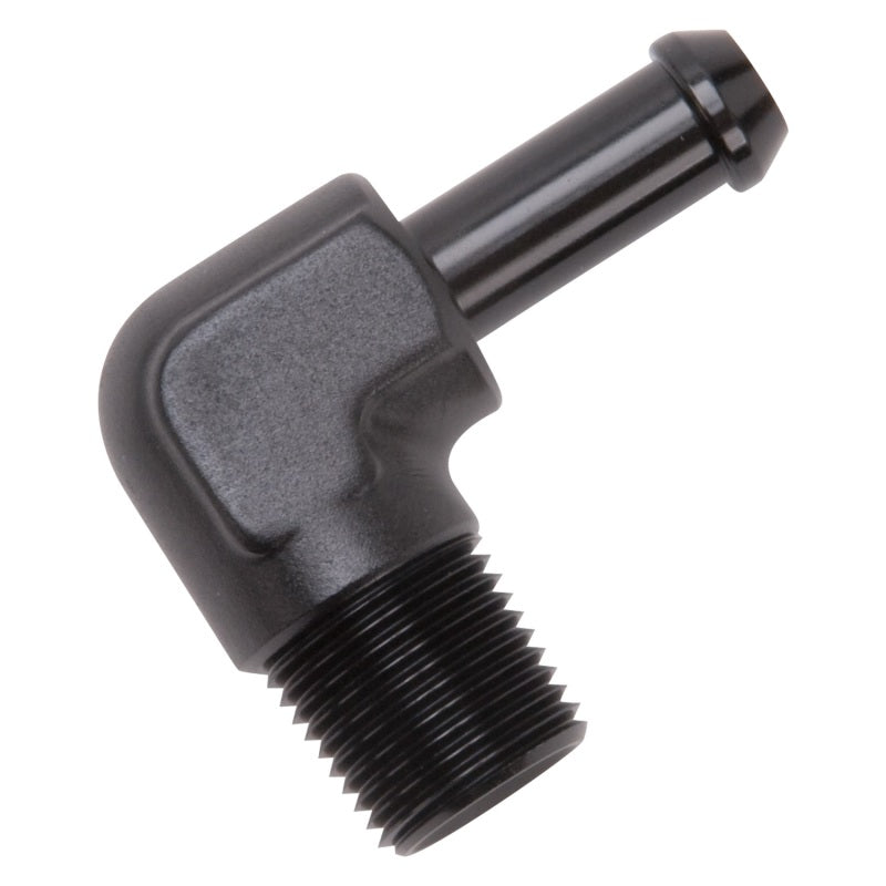 Edelbrock Hose End 90-Deg 3/8In NPT to 3/8In Barb Black Anodize Edelbrock Fittings