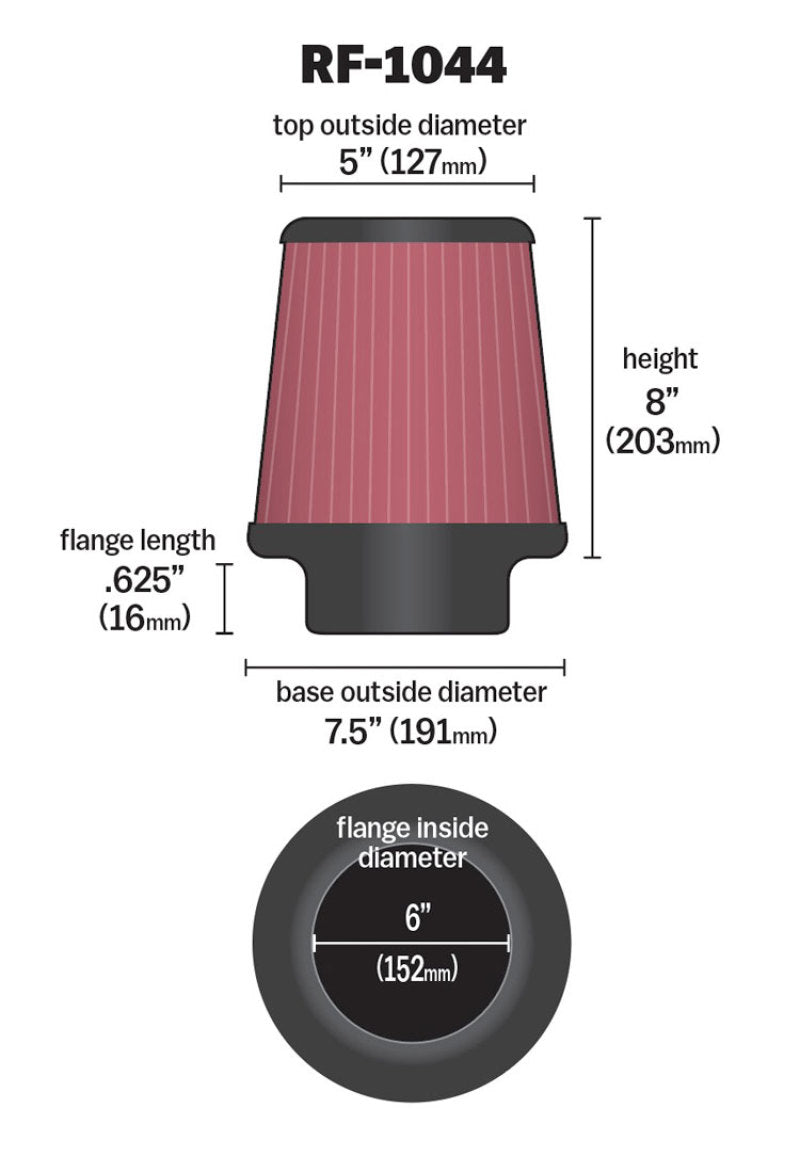 K&N Round Tapered Universal Air Filter 6 inch Flange 7.5 inch Base 5 inch Top 8 inch Height K&N Engineering Air Filters - Universal Fit