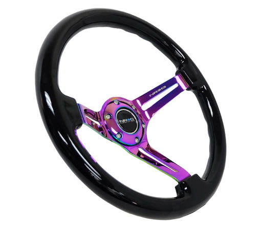 NRG Reinforced Steering Wheel (350mm / 3in. Deep) Blk Wood w/Blk Matte Spoke/Neochrome Center Mark NRG Steering Wheels