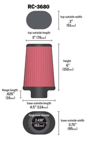 K&N Universal Clamp-On Air Filter 2-7/16in Flange 4-1/2x3-3/4in Base 3x2in Top 6in Height K&N Engineering Air Filters - Universal Fit