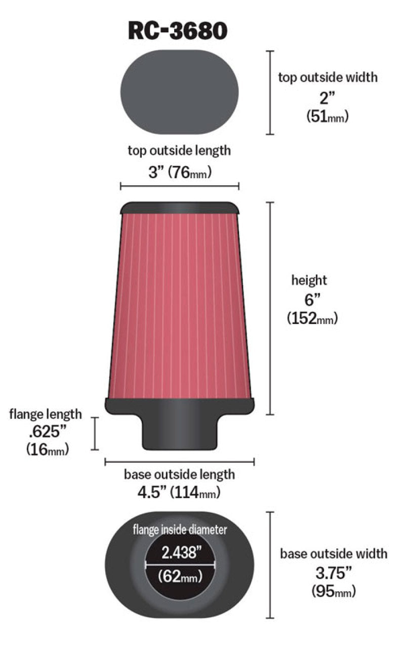 K&N Universal Clamp-On Air Filter 2-7/16in Flange 4-1/2x3-3/4in Base 3x2in Top 6in Height K&N Engineering Air Filters - Universal Fit