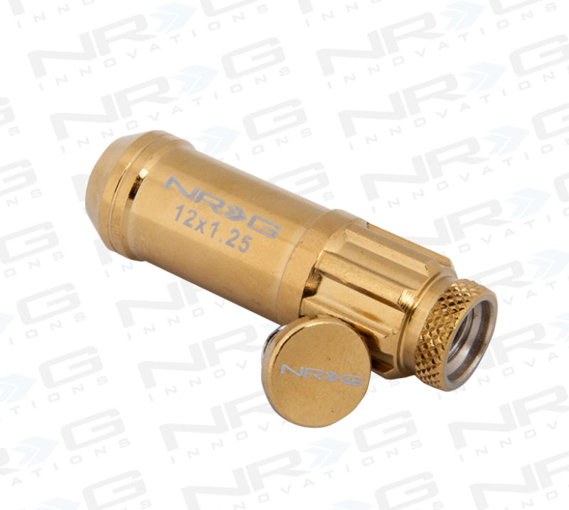 NRG 700 Series M12 X 1.25 Steel Lug Nut w/Dust Cap Cover Set 21 Pc w/Locks & Socket - Chrome Gold NRG Lug Nuts