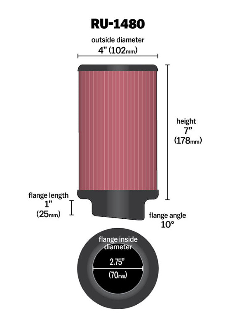 K&N Filter Universal Rubber Filter 10 Degree Flange Angle 4in OD x 2.75in Flange ID x 7in H K&N Engineering Air Filters - Universal Fit