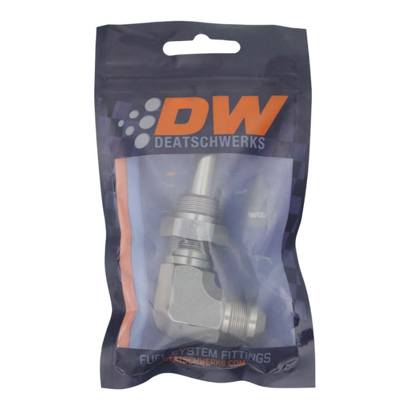 DeatschWerks 8AN Male Flare to 90-Degree 3/8in Single Hose Barb - Anodized DW Titanium DeatschWerks Fittings