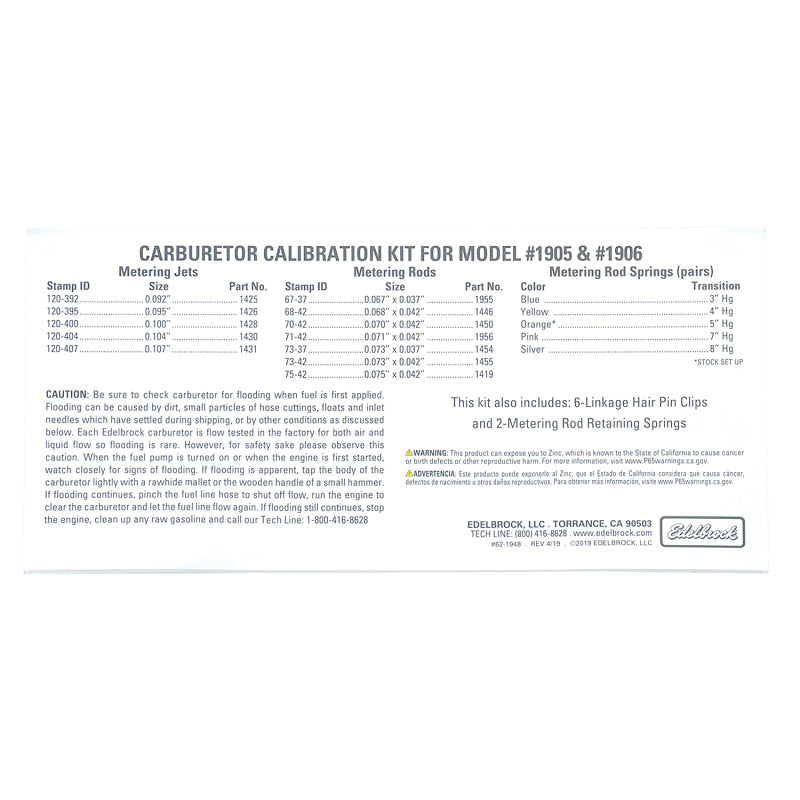 Edelbrock Calibration Kit for 1905 / 1906 Edelbrock Carburetor Rebuild Components