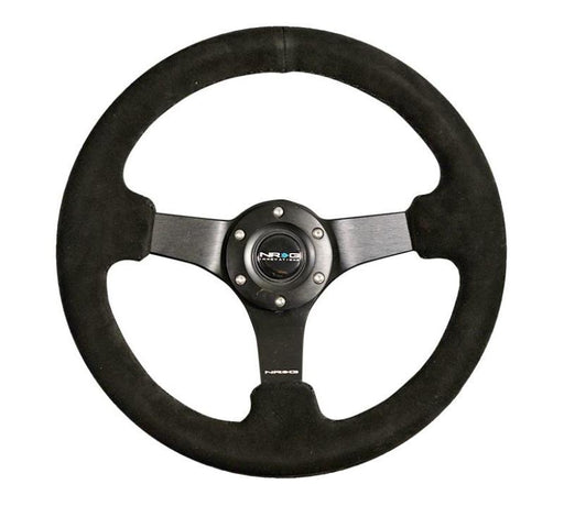 NRG Reinforced Steering Wheel (330mm / 3in Deep) Blk Suede w/Criss Cross Stitch w/Blk 3-Spoke Center NRG Steering Wheels