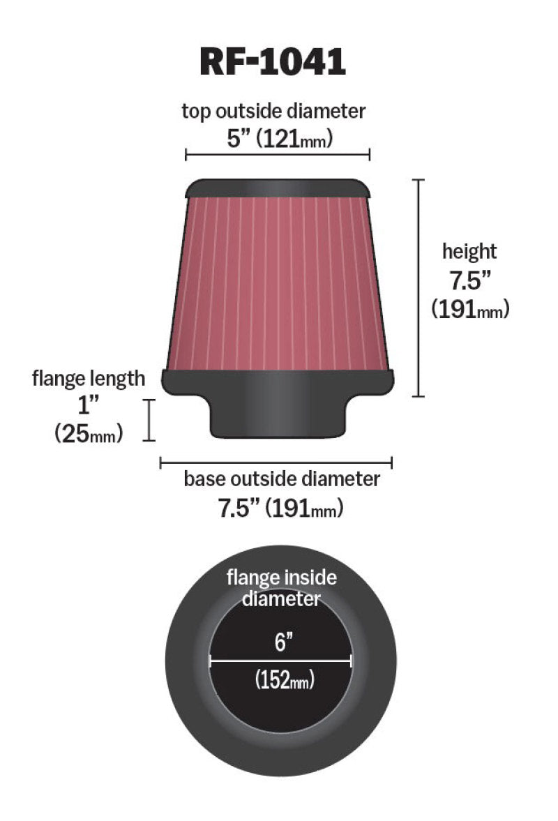 K&N Round Tapered Universal Air Filter 6 inch Flange 7 1/2 inch Base 5 inch Top 7 1/2 inch Height K&N Engineering Air Filters - Universal Fit