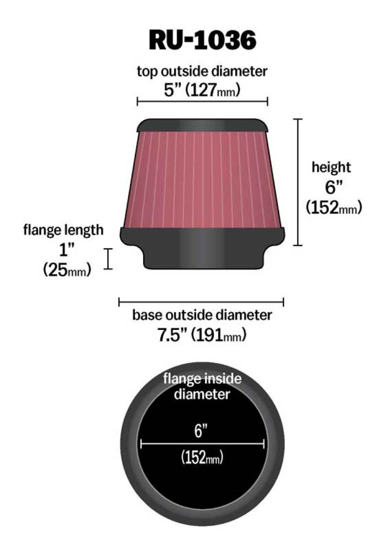 K&N Universal Clamp-On Air Filter 6in FLG / 7-1/2in B / 5in T / 6in H K&N Engineering Air Filters - Universal Fit
