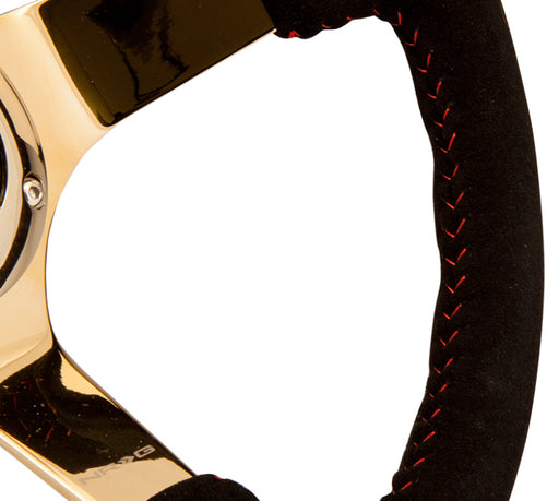 NRG Reinforced Steering Wheel (350mm / 3in. Deep) Blk Suede w/Red BBall Stitch & Chrome Gold 3-Spoke NRG Steering Wheels