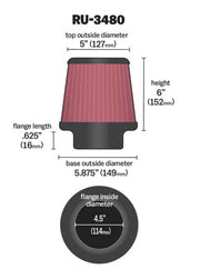 K&N Universal Rubber Filter 4 1/2 inch FLG / 5 7/8 inch Base / 5 inch Top / 6 inch Height K&N Engineering Air Filters - Universal Fit