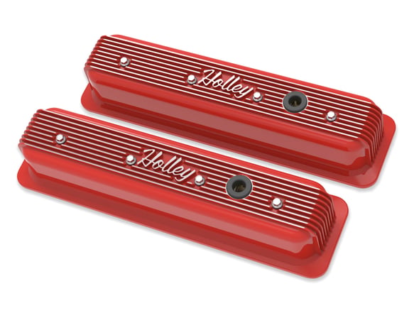 Holley Vintage Finned Valve Cover - "Holley" Script - SBC - Center Bolt - Gloss Red Machined 241-250 HOLLEY Autoparts