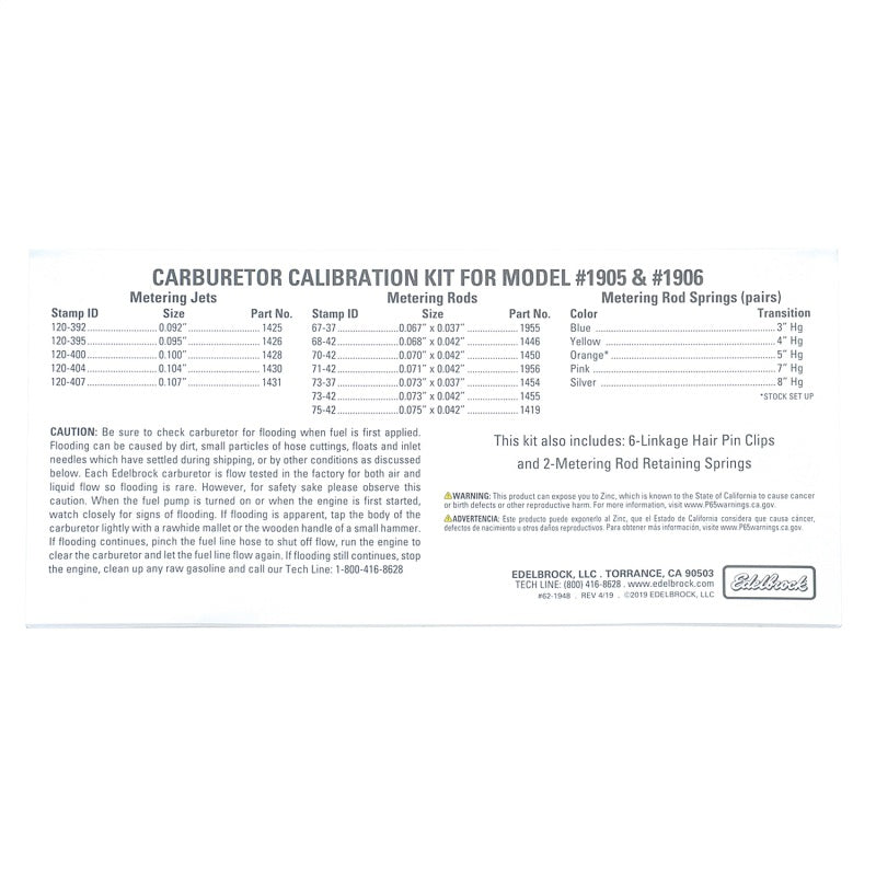 Edelbrock Calibration Kit for 1905 / 1906 Edelbrock Carburetor Rebuild Components