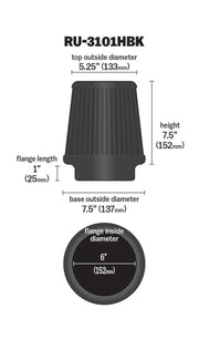 K&N Universal Rubber Filter Round Tapered 6in Flange ID x 7.5in Base OD x 5.25in Top OD x 8in Height K&N Engineering Air Filters - Universal Fit