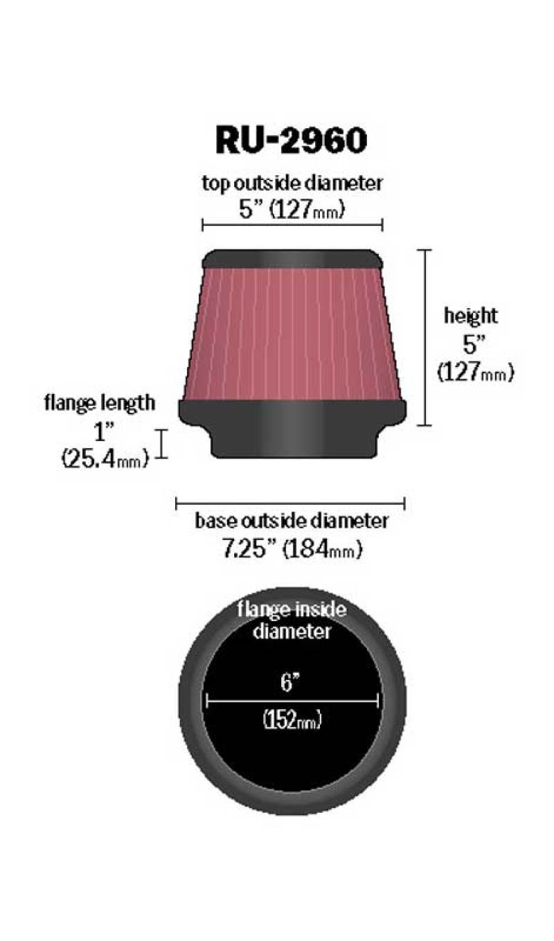 K&N Universal Tapered Filter 6in Flange ID x 7.5in Base OD x 5in Top OD x 5in Height K&N Engineering Air Filters - Universal Fit