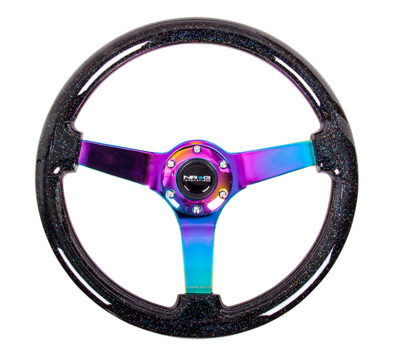 NRG Reinforced Steering Wheel (350mm / 3in. Deep) Classic Blk Sparkle w/4mm Neochrome 3-Spoke Center NRG Steering Wheels