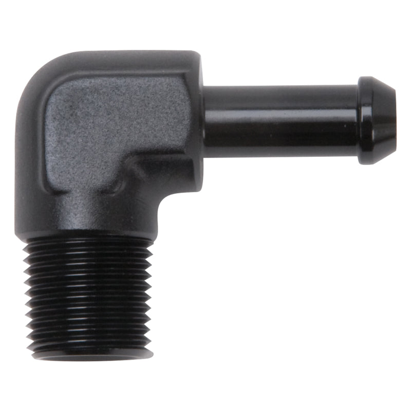 Edelbrock Hose End 90-Deg 3/8In NPT to 3/8In Barb Black Anodize Edelbrock Fittings