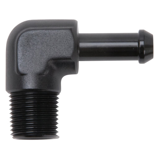 Edelbrock Hose End 90-Deg 3/8In NPT to 3/8In Barb Black Anodize Edelbrock Fittings