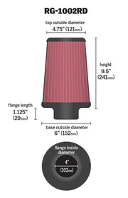 K&N Universal Air Filter Chrome Round Tapered Red - 4in Flange ID x 1.125in Flange Length x 9.5in H K&N Engineering Air Filters - Universal Fit