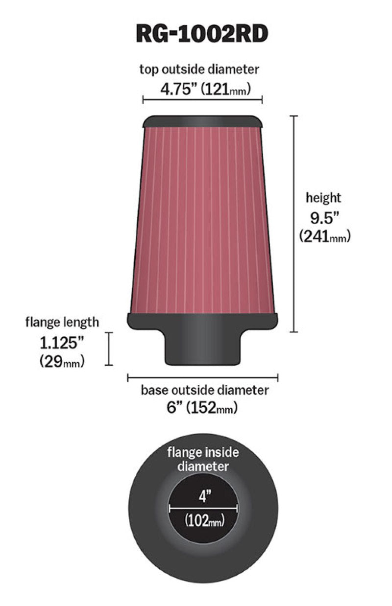 K&N Universal Air Filter Chrome Round Tapered Red - 4in Flange ID x 1.125in Flange Length x 9.5in H K&N Engineering Air Filters - Universal Fit