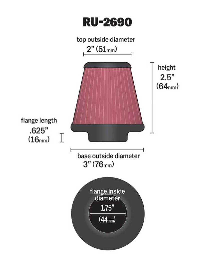 K&N Filter Universal Rubber Filter 1 3/4 inch Flange 3 inch Base 2 inch Top 2.5 inch Height K&N Engineering Air Filters - Universal Fit
