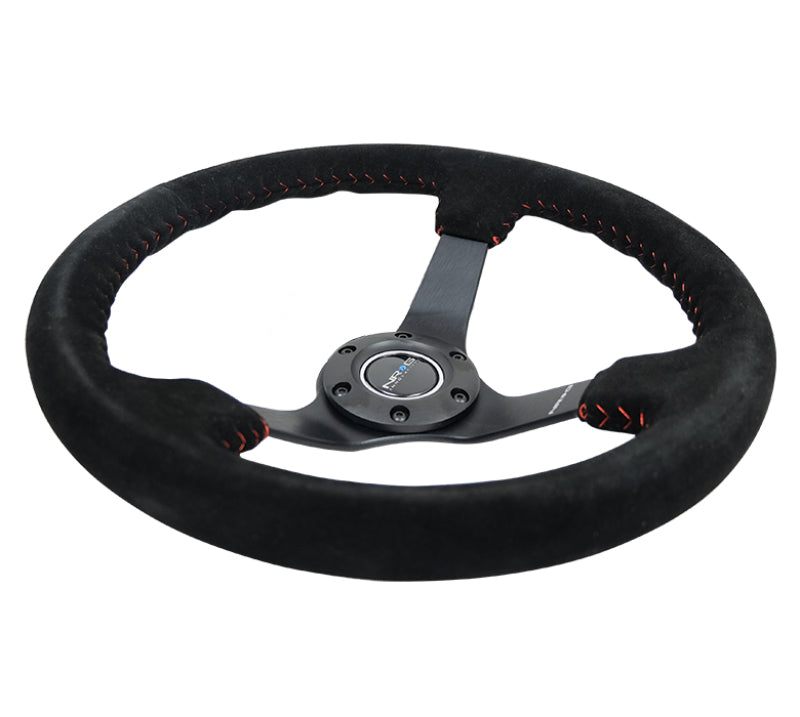 NRG Reinforced Steering Wheel (350mm / 3in. Deep) Blk Suede/Red BBall Stitch w/5mm Matte Blk Spokes NRG Steering Wheels