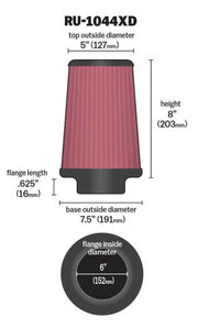 K&N Universal Clamp-On Air Filter 6in FLG / 7-1/2in B / 5in T / 8in H K&N Engineering Air Filters - Universal Fit