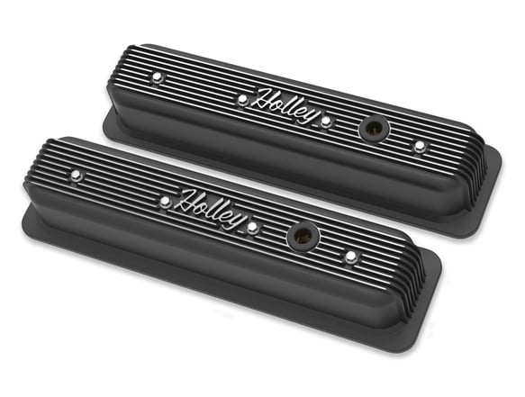 Holley Vintage Finned Valve Cover - "Holley" Script - SBC - Center Bolt - Satin Black Machined 241-247 HOLLEY Autoparts