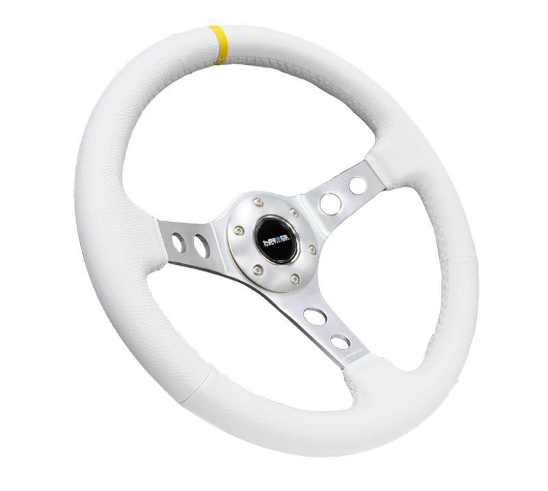 NRG Reinforced Steering Wheel (350mm / 3in. Deep) Wht Leather w/Silver Spoke & Single Yellow Mark NRG Steering Wheels