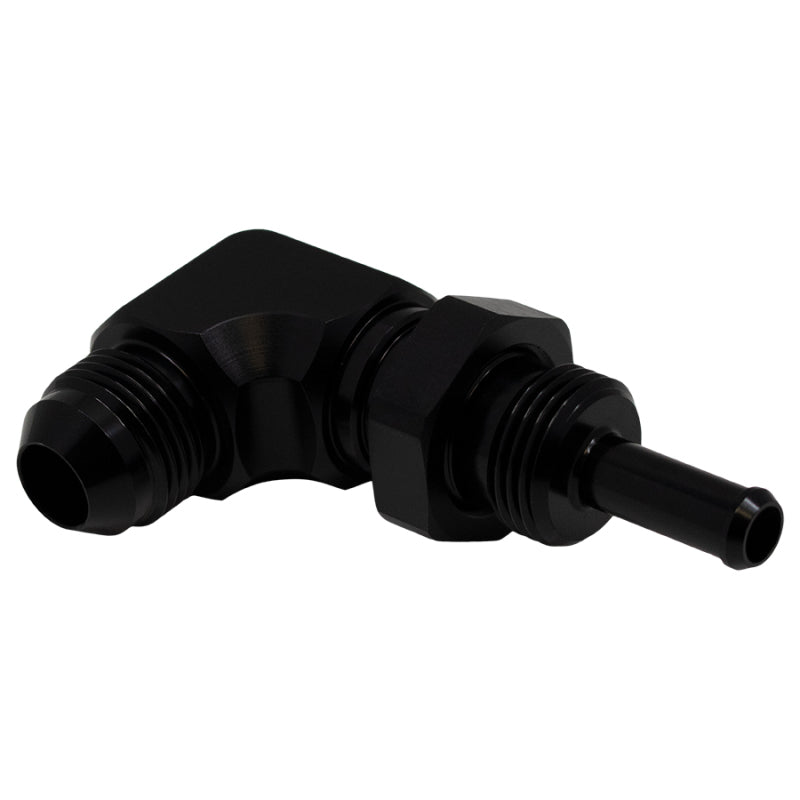 DeatschWerks 8AN Male Flare to 5/16in Male Barb Bulkhead Adapter 90-Degree - Anodized Matte Black DeatschWerks Fittings